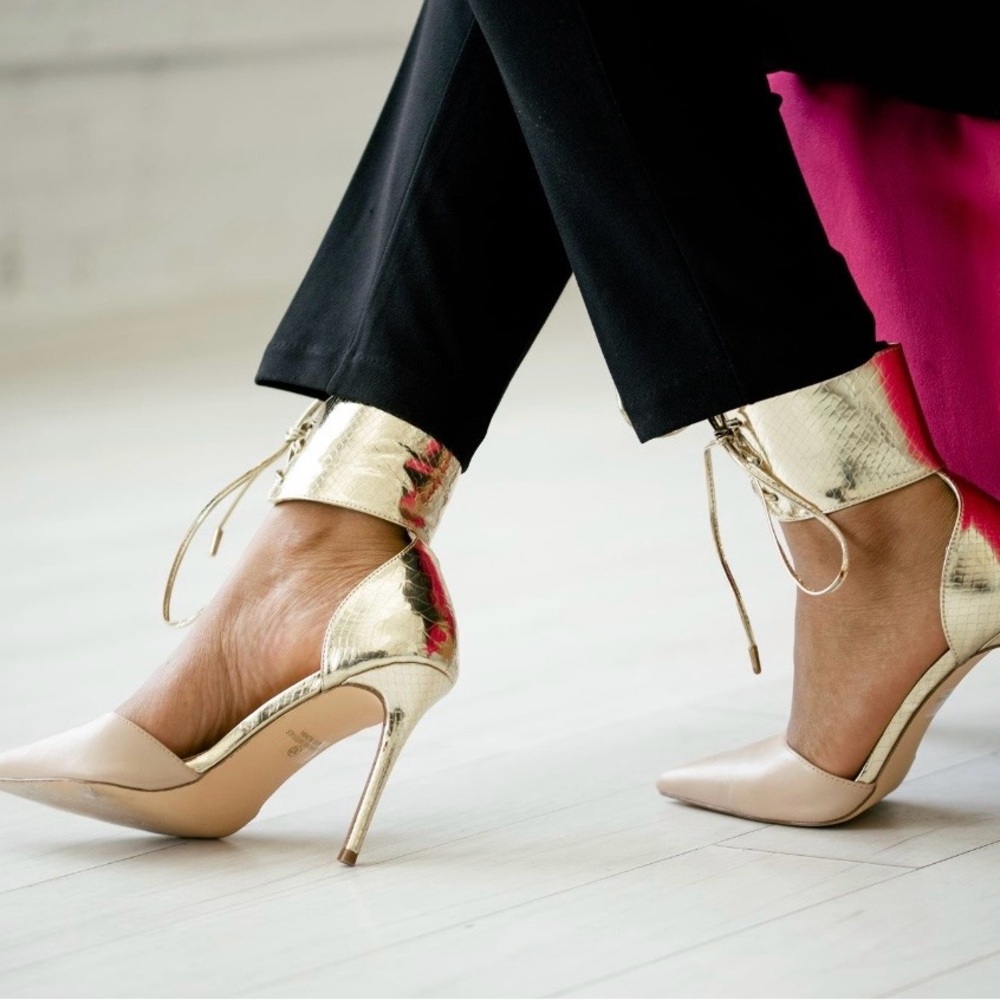 Gold & Nude Lace-Up Ankle Cuff Heels